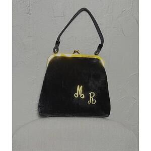 1950's Black Velvet Handbag Top Handle M.R. Initials Kiss Lock Coin purse OOAK